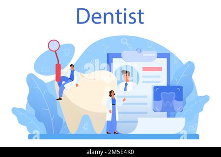 Dentist concept. Dental doctor in uniform treating human teeth using medical equipment. Idea of dental and oral hygiene. Caries treatment. Flat vector Stock Vector