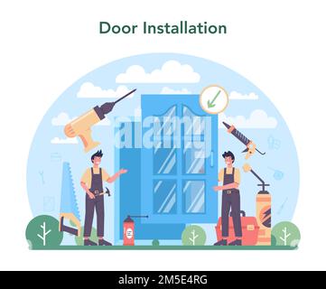 Installer concept. Worker in uniform installing window and door. Professional service, repairman team. Construction service, house renovation. Isolate Stock Vector