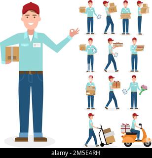 Caucasian postman set. Isolated cartoon character. White background. All delivery equipment. Stock Vector