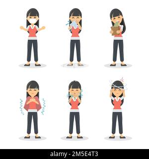 Woman with symptoms set on white background. Cold, vomiting, headache and more. Stock Vector