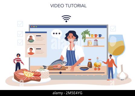 Salmon steak online service or platform. Chef cooking grilled fish steak on the plate with lemon. Tasty fish fillet for dinner or lunch. Online video Stock Vector