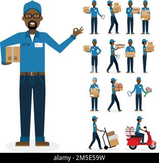 African american postman set. Isolated african american cartoon character. White background. Driver boxes clipboard pizza gift and more Stock Vector