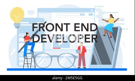 Frontend developer typographic header. Website interface design improvement. Web page programming, coding and testing. IT profession. Isolated flat ve Stock Vector