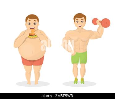 Fat and fit men. Obese man with junk food. Fit man with dumbell. Stock Vector