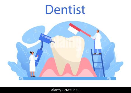 Dentist concept. Dental doctor in uniform treating human teeth using medical equipment. Idea of dental and oral hygiene. Caries treatment. Flat vector Stock Vector