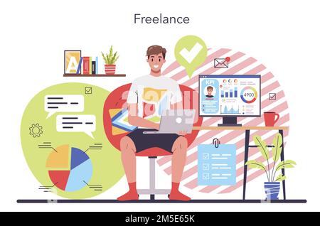 Freelance or outsoursing concept. People working remotely through the internet. Idea of jop independency and free schedule. Time management, work effi Stock Vector