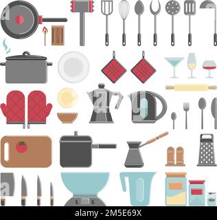 Kitchen utensils and appliances on white background. Gloves, knives, pot and more. Stock Vector