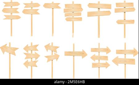 Wooden pointers set on white background. Signposts, banners and more. Stock Vector