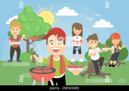 BBQ picnic in park. Family or friends having picnic together. Stock Vector
