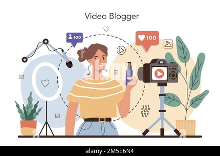 Blogger concept. Sharing media content in the internet. Idea of social media and network. Online communication, giveaway advert. Isolated flat vector Stock Vector