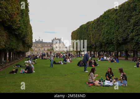 France, Paris, 6th arrondissement, Palais du Luxembourg in the Jardin du Luxembourg -  Luxembourg Palace in the Luxembourg garden - People relaxing on