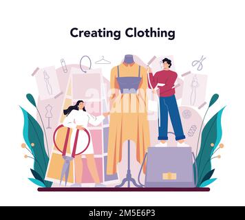 Fashion designer concept. Professional tailor sewing or fitting clothes. Dressmaker working on power sewing machine and taking measurements. Vector fl Stock Vector
