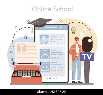 Journalist online service or platform. TV reporter interviewing a person. Mass media profession. Online school. Vector flat illustration Stock Vector