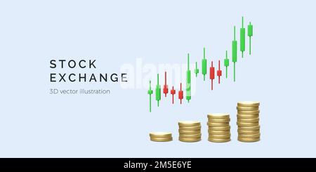 Stock exchange trading concept with candlestick chart and stack of gold coins. Business and finance investment concept. Vector illustration Stock Vector