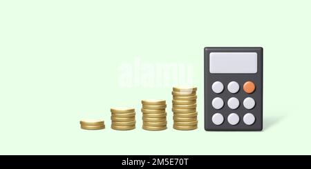 Gold coin stacks growth next calculator in 3D realistic style. Budget planning and financial management. Vector illustration Stock Vector