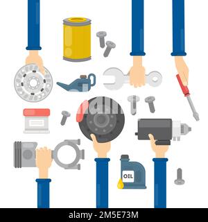 Car repair hands. Hands holding equipment for repairing automobiles as oil, wheel and more. Stock Vector