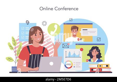 Freelance or outsoursing concept. People working remotely through the internet. Idea of jop independency and free schedule. Time management, work effi Stock Vector