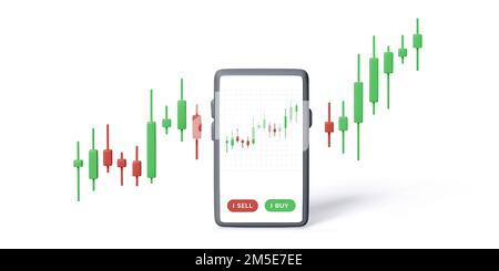 Stock exchange smartphone app with candlestick chart info shown on screen. Mobile app for trade online. Vector illustration isolated on white backgrou Stock Vector