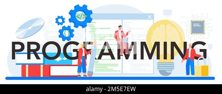 Programming typographic header. Idea of coding, testing and writing program, using internet and different software. Website development and optimizati Stock Vector