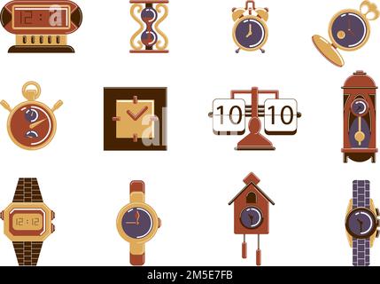 Isolated clock set on white background. Retro clock watch, wrist watch, stopwatch and sand watch. Stock Vector