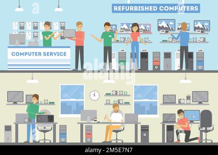 Computer repair service. People fix broken hardware. Stock Vector