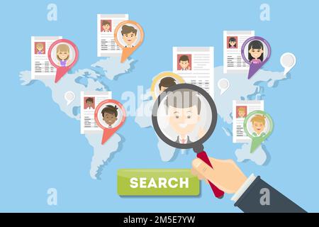 Searching people on map. Idea of hr, finding new staff and more. Stock Vector