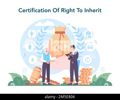 Notary service concept. Certification of a right to inherit. Professional lawyer signing and legalizing paper document. Person witnessing a signature. Stock Vector