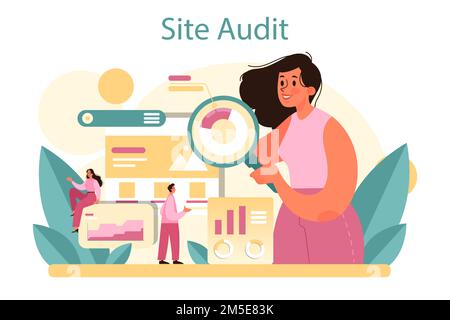 Website audit concept. Web page analysis of website's visibility in search engines. SEO audit, web data analytics. Isolated flat vector illustration Stock Vector
