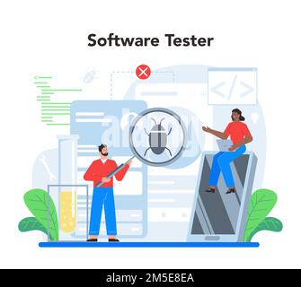 Software testing concept. Application or website code test process. IT specialist searching for bugs. Idea of computer technology. Digital analysis. V Stock Vector