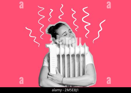 Photo collage of a woman hugging a warm radiator in a black-white ...