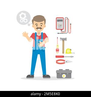 Isolated cartoon electrician on white background with tools. Stock Vector
