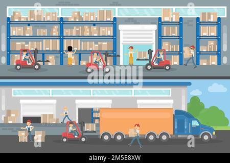 Transport company interior. Warehouse or factory workers and equipment. Stock Vector
