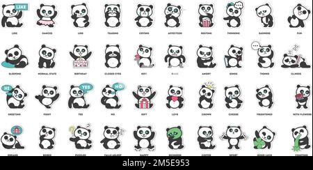 cute panda, stickers collection, in different poses, different moods vector illustration Stock Vector