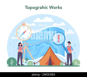 Surveyor concept. Land surveying technology, geodesy science. Engineering and topography equipment. People with compass, map and topographic equipment Stock Vector