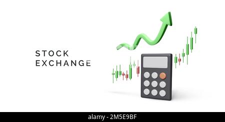 Candlestick chart on stock exchange with arrow growth and calculator in 3D cartoon style. Buying and selling cryptocurrency on exchange, choosing succ Stock Vector