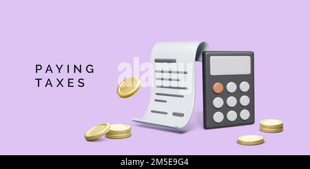 Calculator with receipt and gold coins in 3D realistic style. Paying taxes banner. Budget planning and financial management. Vector illustration Stock Vector