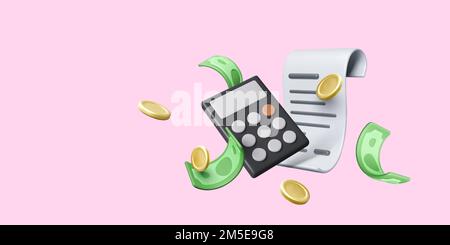 3D render receipt payment with calculator gold coins and green bill currency. Accounting or money investment concept. Financial management banner. Vec Stock Vector