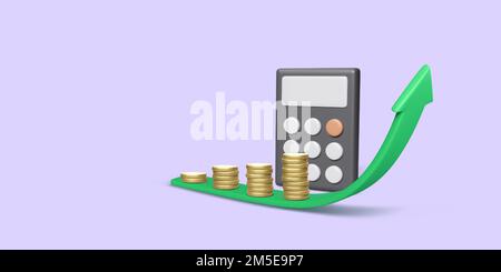 Gold coin stacks growth with green arrow and calculator 3D render. Investment and increase profit in business. Vector illustration Stock Vector