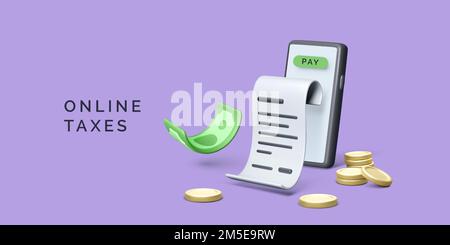 Smartphone with green dollar, coins and financial bill. Online taxes concept. Business banner for e-commerce service or app. Vector illustration in re Stock Vector
