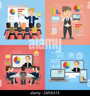 Set of business presentations. Cartoon businessmen with audience and chart boards. Stock Vector