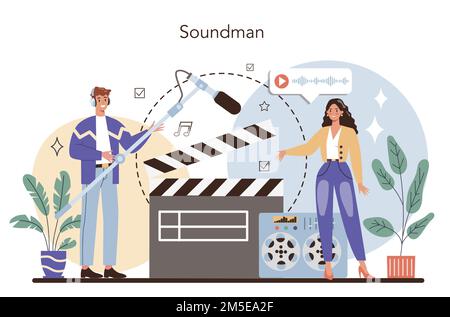 Sound engineer concept. Music production industry, sound recording with a studio equipment. Creator of a soundtrack. Vector illustration in cartoon st Stock Vector