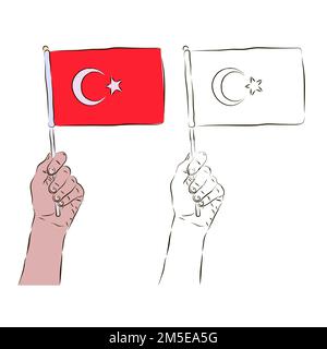 The flag of Turkey is in the hand of a man in color and black and white. The concept of patriotism. Stock Vector