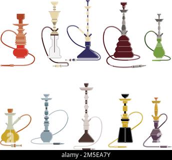 Isolated hookahs set on white background. Oriental smoking objects with pipe and tube. Stock Vector