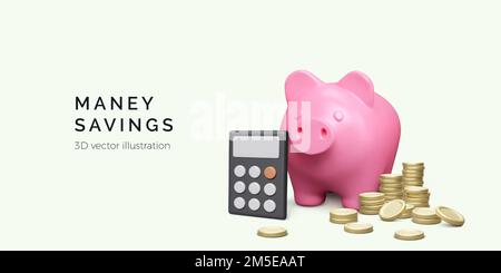 Calculator piggy bank and stack of gold coins in 3D realistic cartoon style. Money savings concept. Finance management banner. Vector illustration Stock Vector