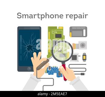 Smartphone repair work. Hands with repairing tools for broken phone. Stock Vector