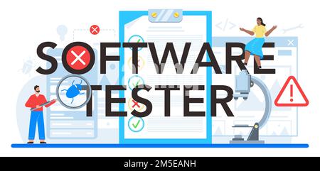 Software tester typographic header. Application or website code test process. IT specialist searching for bugs. Idea of computer technology. Digital a Stock Vector