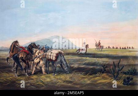 A Parley.  Prepared for an Emergency.  White hunters run into a band of Native Americans on the plains. Leaders of the two sides ride out to confer.  From a work by James Cameron published in 1866. Stock Photo