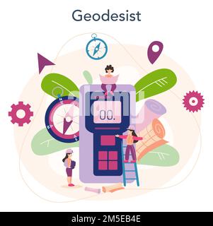 Surveyor concept. Geodesy science , land surveying technology. Engineering and topography equipment. People with compass and map. Vector illustration Stock Vector