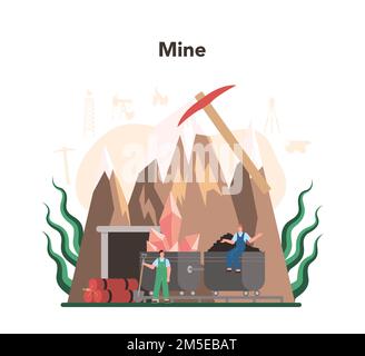 Mining concept. Mineral and natural resources extraction. Worker in uniform and helmet with pickaxe, jackhammer and wheelbarrow working in quarry. Vec Stock Vector