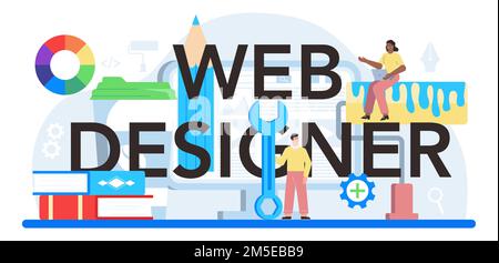Web designer typographic header. Presenting content on web pages. Website layout, composition and color development. Idea of computer technology. Flat Stock Vector